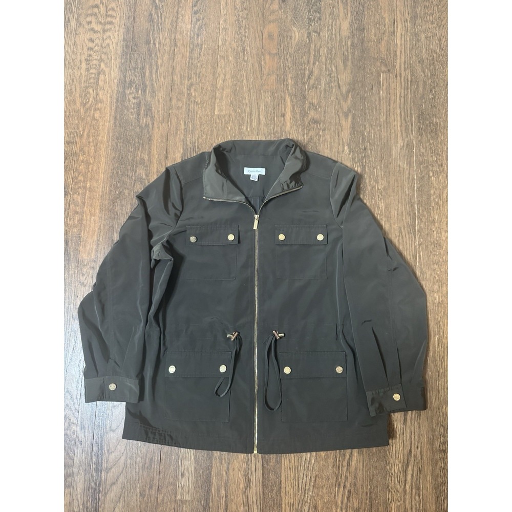 Calvin Klein Womens Size L Utility Field Jacket Drawstring Waist Gold Tone Zip